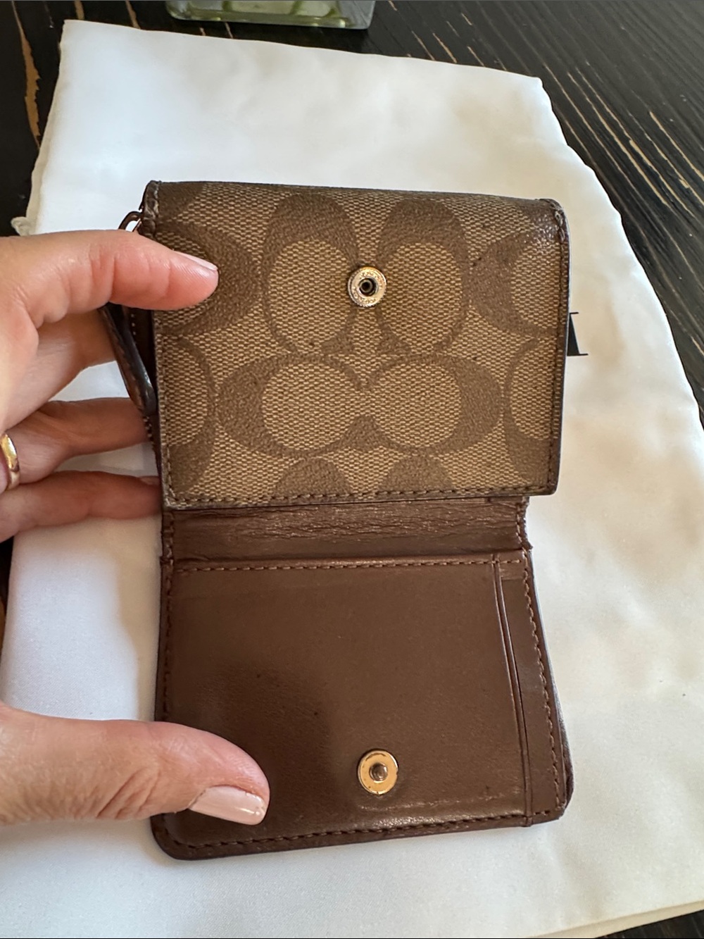 Coach Small Trifold Wallet Signature Canvas Khaki/Saddle Brown colorway - Picture 6 of 6